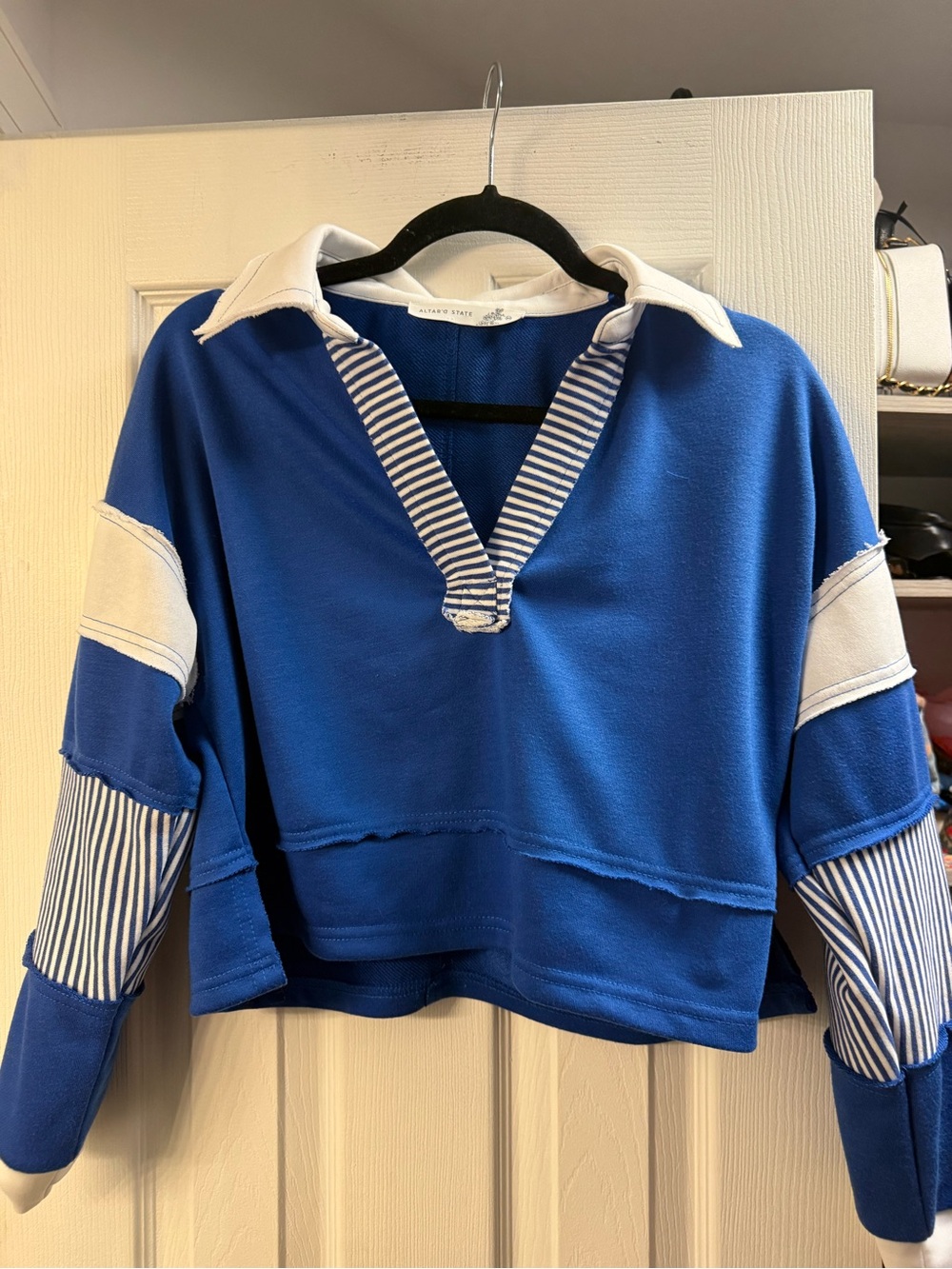 Altar'd State Blue and White Layered Rugby Pullover